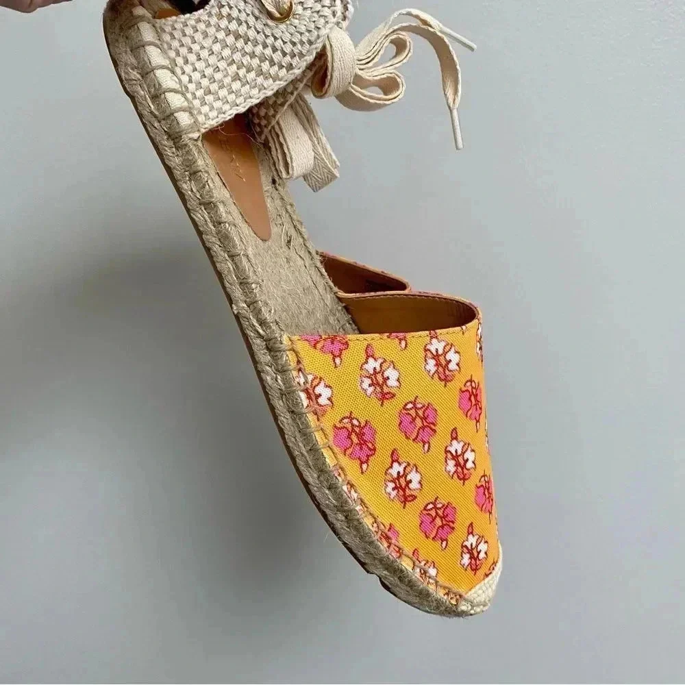 J.Crew Factory Printed Canvas Ankle Wrap Espadrille Sandals Orange Floral 8